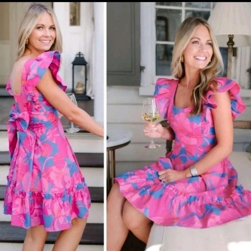 Tuckernuck x Cameran Eubanks Mini Dress Medium Pink Blue Floral Ruffle Resort